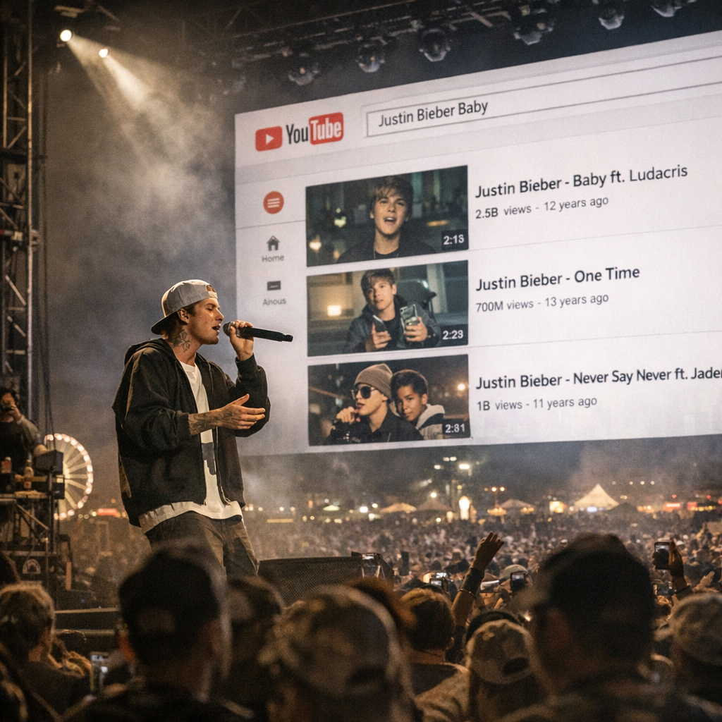 比伯在科切拉打开 YouTube，不是版权翻车，而是流媒体时代最直白的一次自我致敬